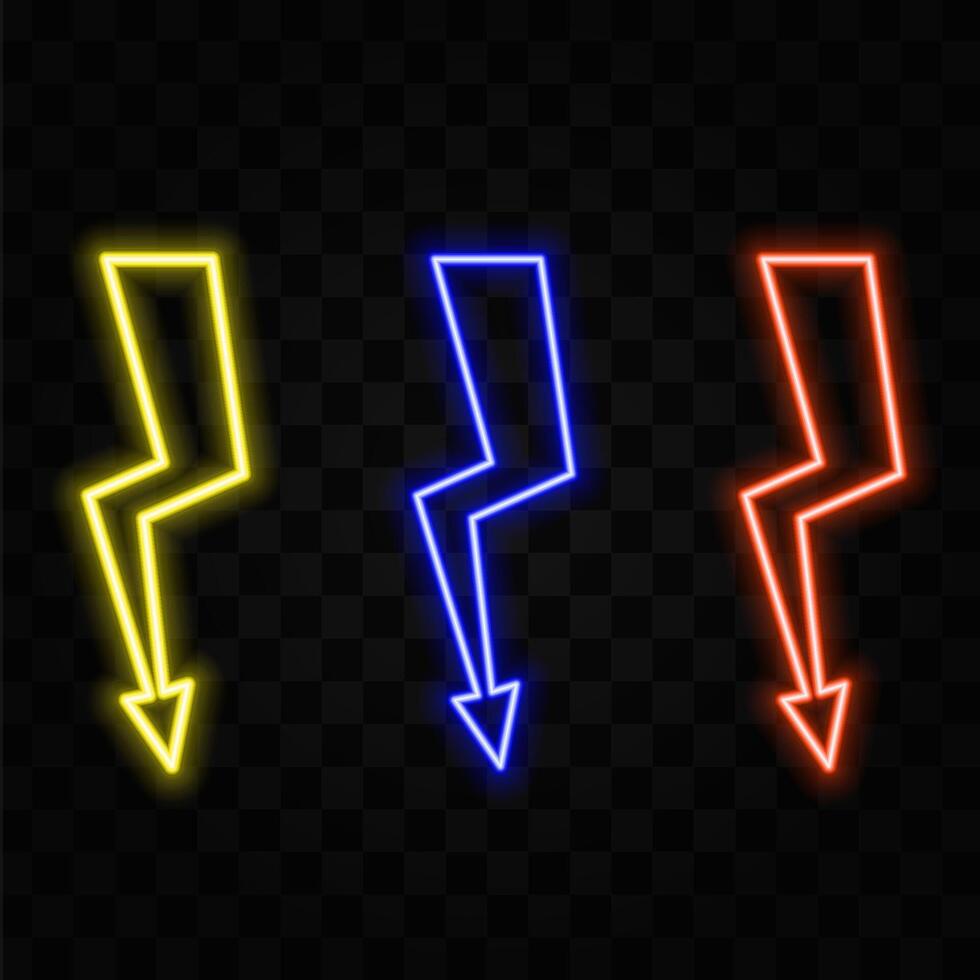 Bright blue neon ray icon. Neon energy set. Lightning signs with neon circles, thunder and electricity vector