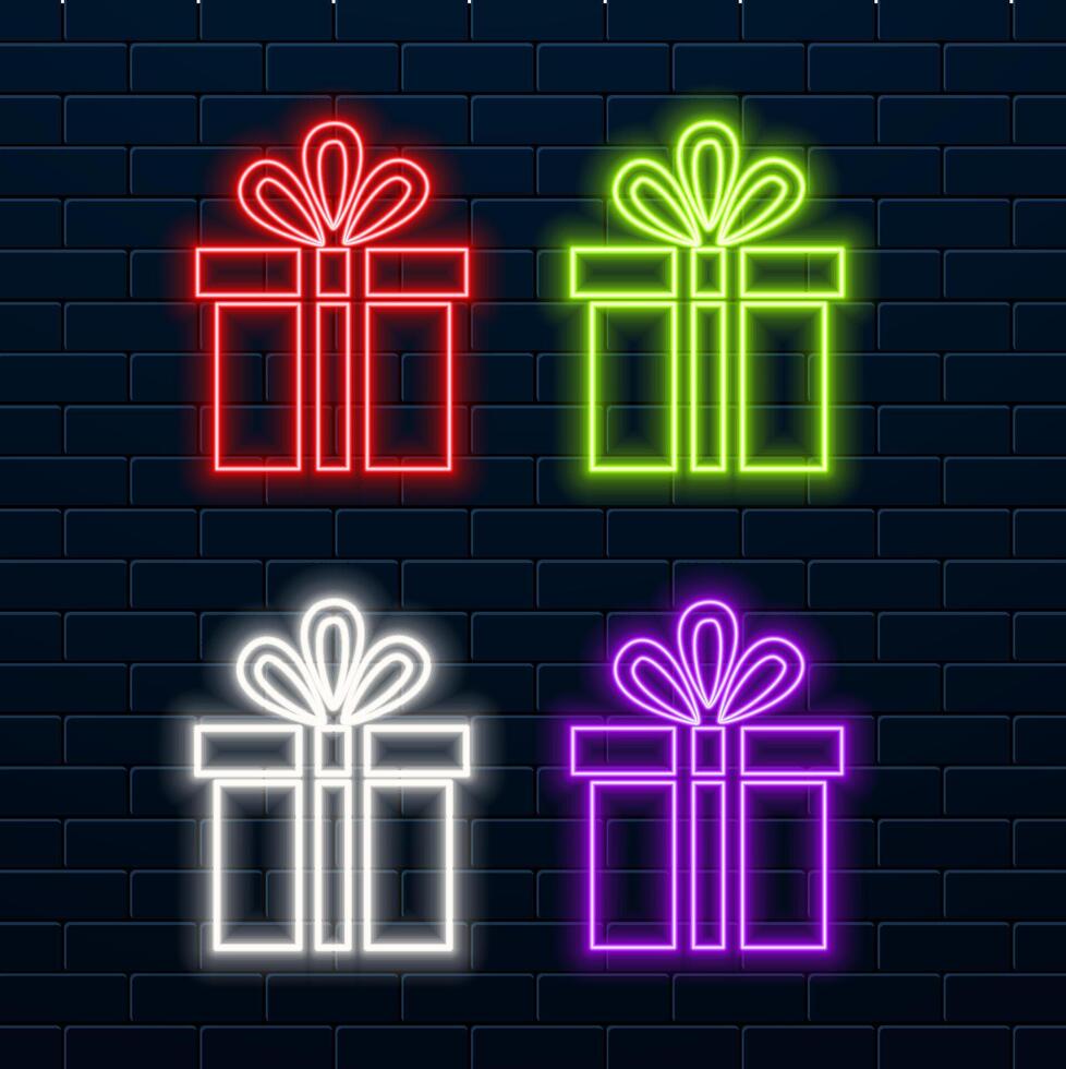 Neon Isolated Realistic of Gift Logo for Decoration on Wall Background. Christmas gift, bonus or reward concept vector