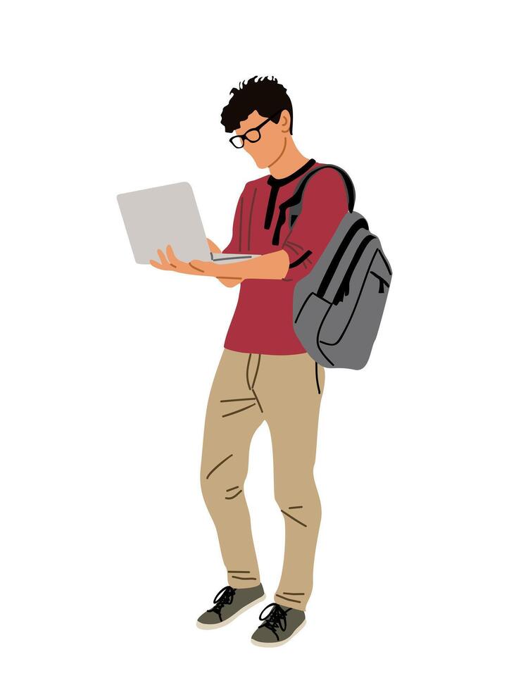 Young man working at laptop isolated. vector