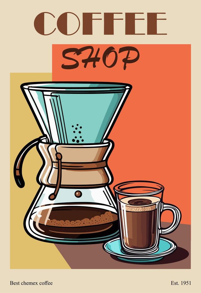 Retro poster with Coffee Chemex maker art. vector