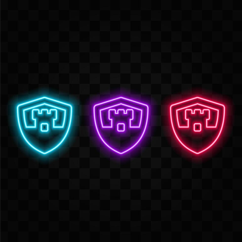 Glowing Neon Line Shield with Cyber Security Brick Wall Icon Isolated on Black Background. Data protection symbol. Firewall. Network protection. Colorful outline concept. vector