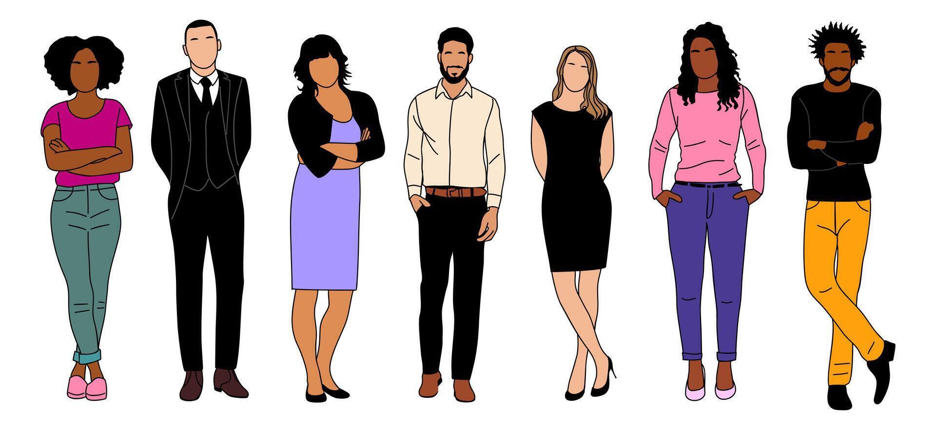 Diverse business people standing on white. vector