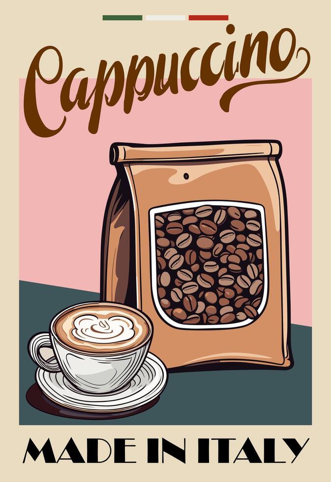 Retro poster, Cappuccino cup, bag with coffee bean vector