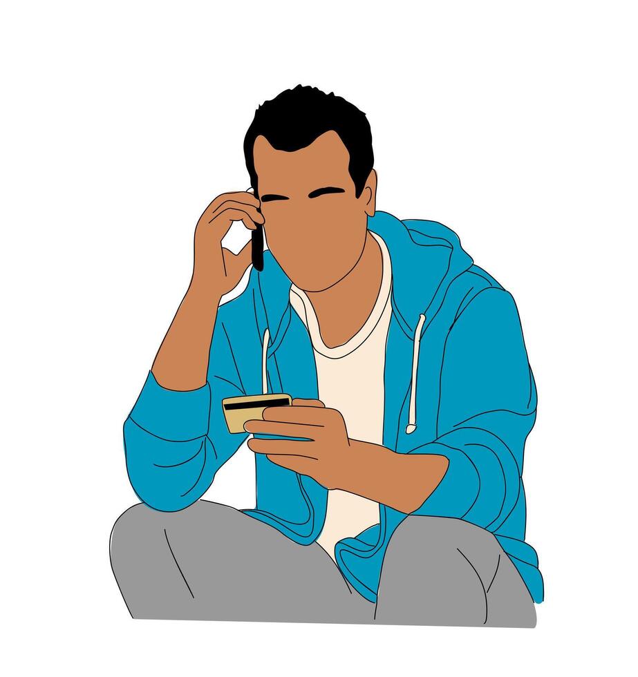 Young man shopping on telephone with credit card. vector