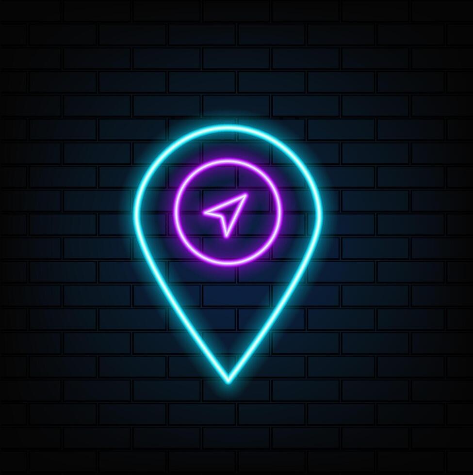 Glowing Neon Line Laptop with Location Marker Icon Isolated on Black Background. Colorful outline concept. vector