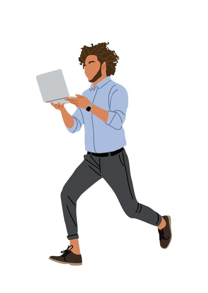 Young man working at laptop walking . vector