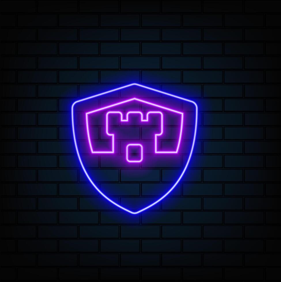 Glowing Neon Line Shield with Cyber Security Brick Wall Icon Isolated on Purple and Green Background. Data protection symbol. Firewall. Network protection. vector