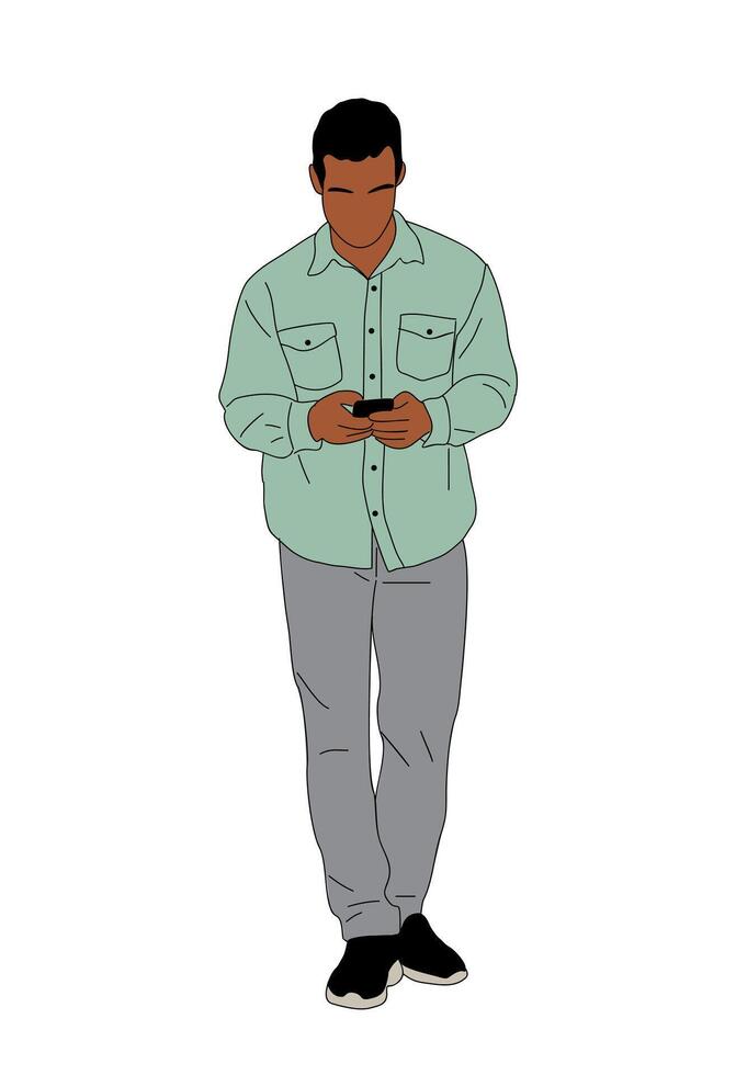 Black man holding, using mobile phone . vector