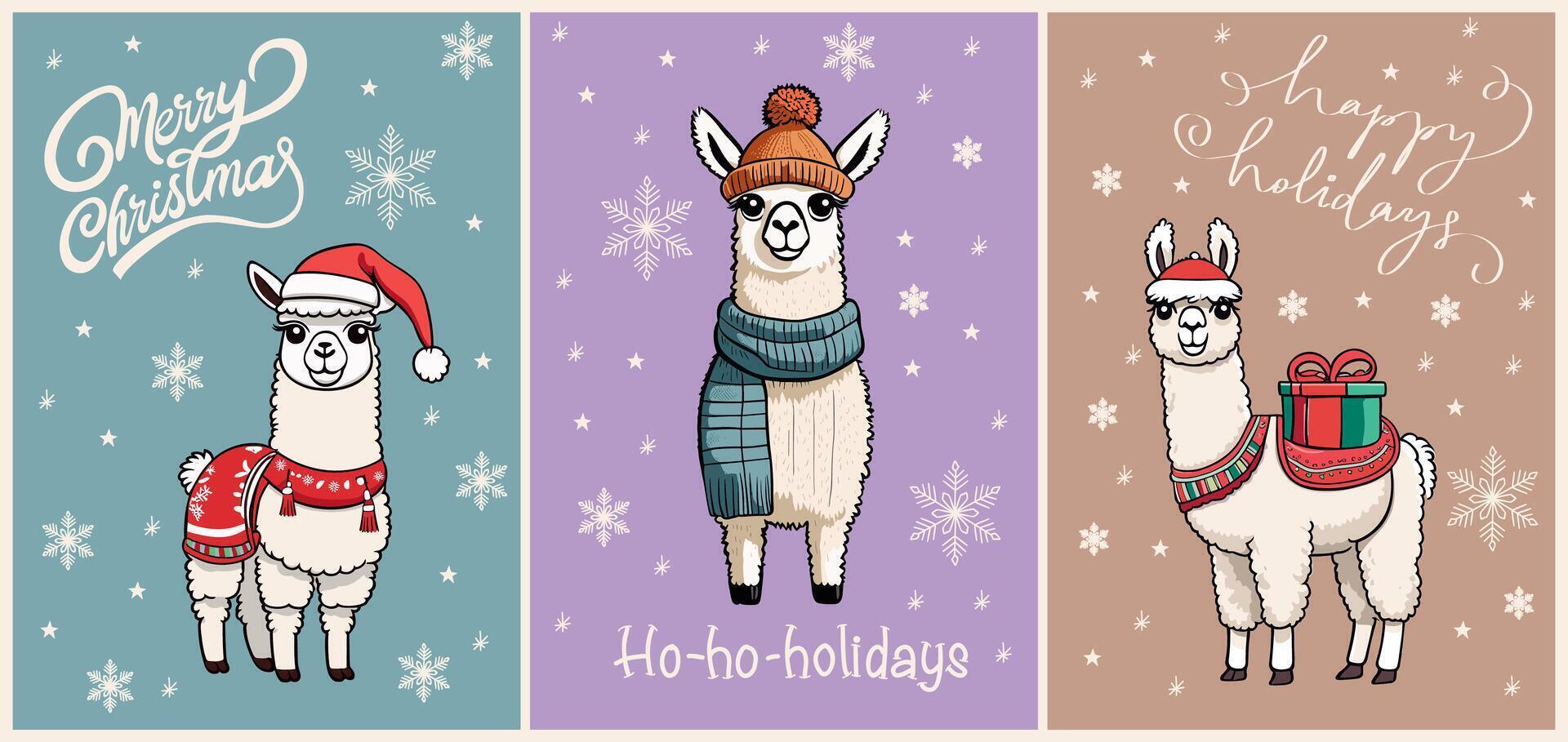 Set of Funny winter cards with a cartoon Llama. vector