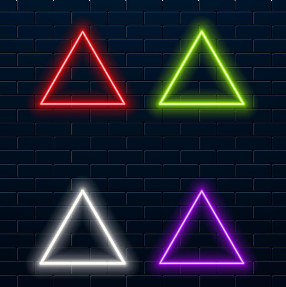 Neon sign. Triangle background. Glowing electric abstract frame on dark backdrop. Light flag with glow. Bright illustration with flares and sparkles. vector