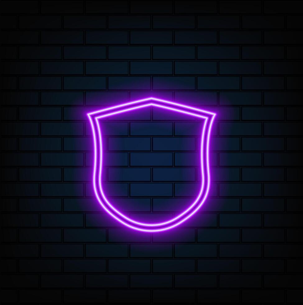 Neon shield icon. Glowing neon shield sign, outline guard symbol vector