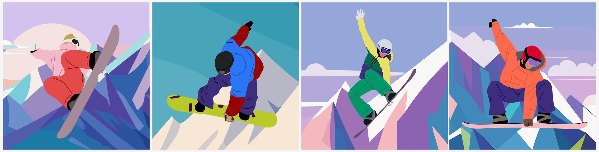 Set of Snowboarders jumping colorful scenes vector
