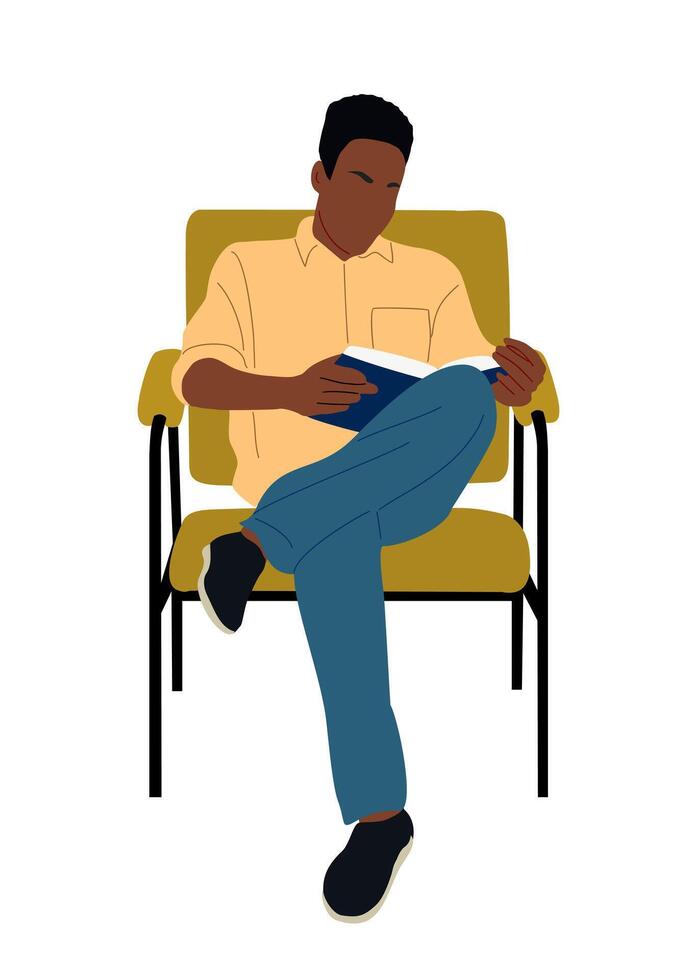 Young black man sitting on armchair, reading book. vector