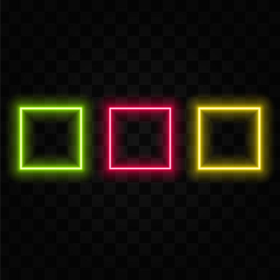 Neon frame with square shape on the red brick wall. Classic rectangular 80s styled shiny glowing neon sign. vector
