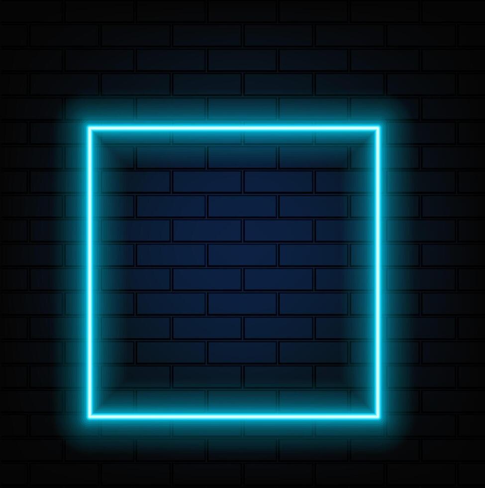 Square blue neon frame on brick wall. Minimal border. Space for text. Shiny sign. Editable stroke. vector