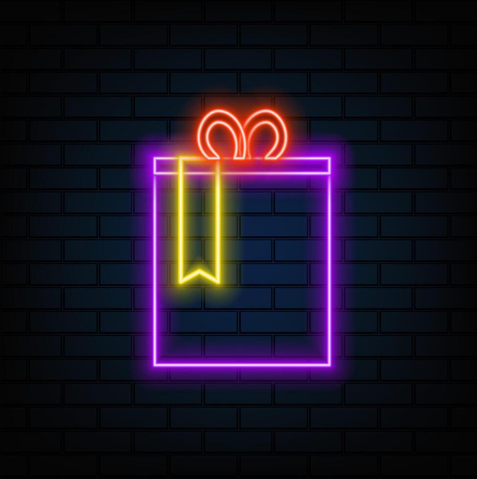 Glowing neon Gift box icon isolated on black background. Merry Christmas and Happy New Year. neon style. vector