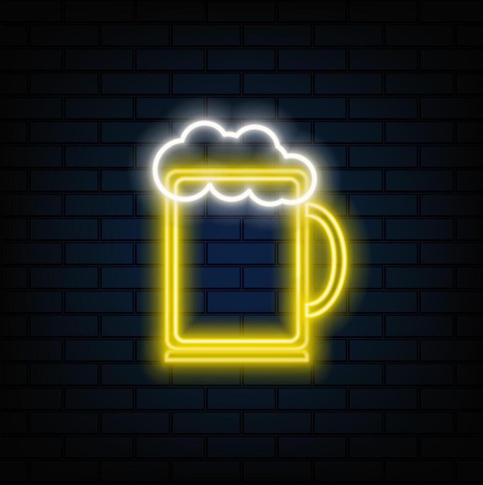 Mug of beer and foam in neon sign style. vector
