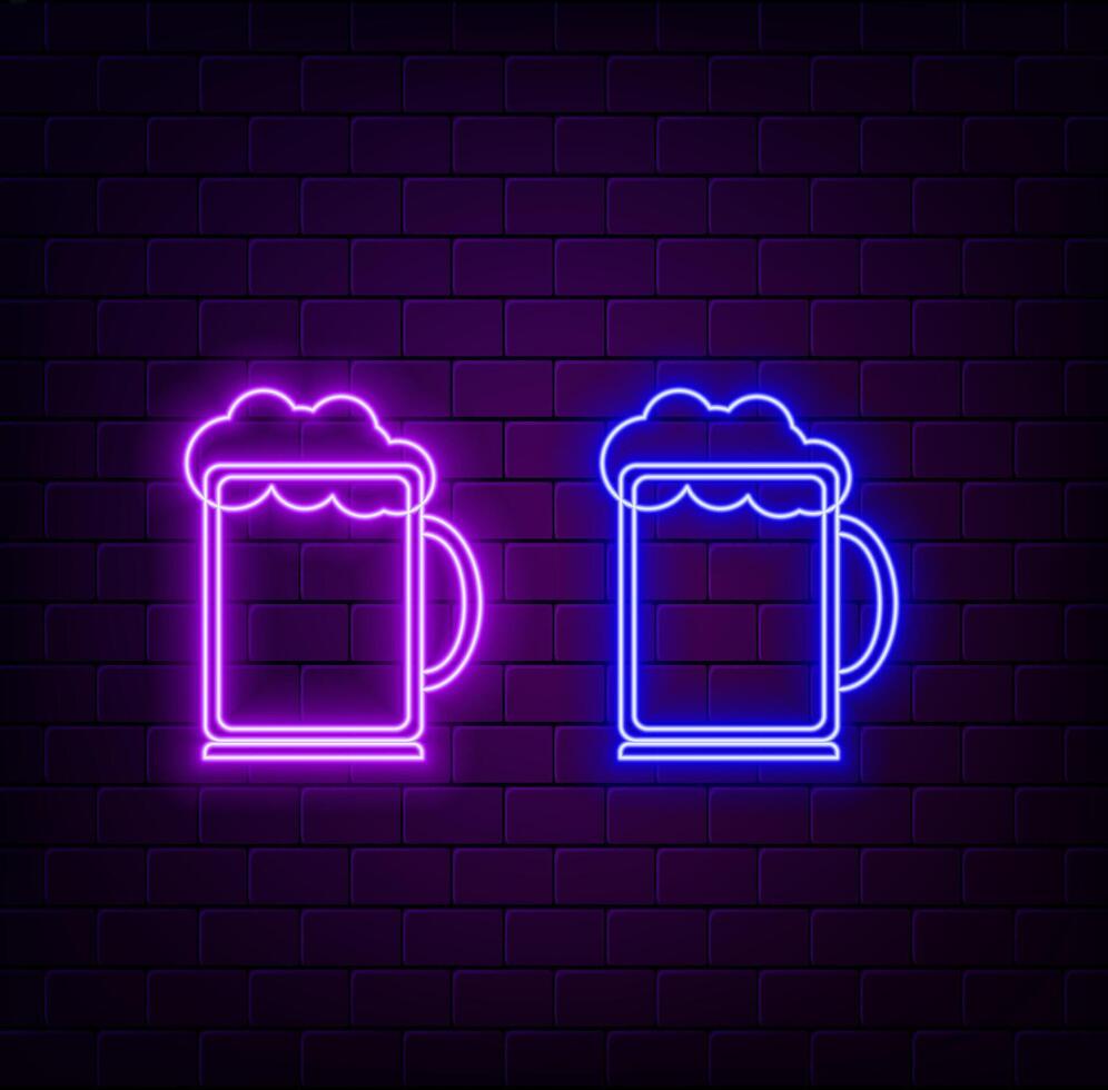 Glowing neon pint beer glass for ale. Led luminous sign for bar menu or signboard. isolated illustration. vector