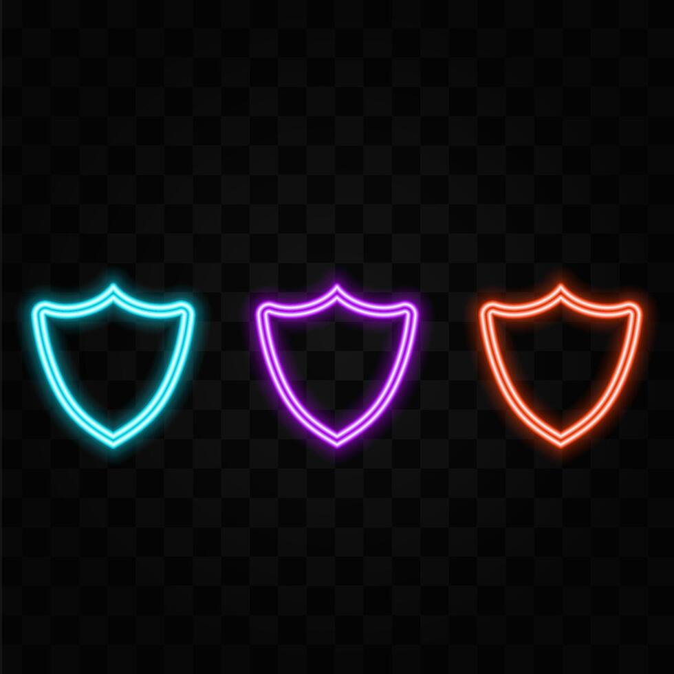 Shield. Glowing neon icon on brick wall background. orange color. vector