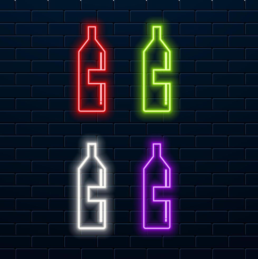 Glowing neon line Plastic beer bottle icon isolated on brick wall background. vector