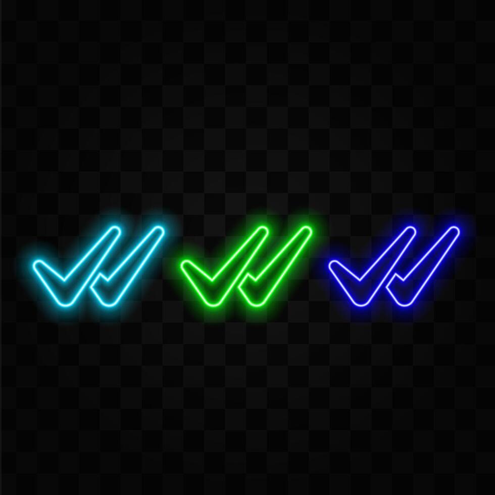 Check mark neon sign ok, yes on brick wall background. Approved neon symbol. vector
