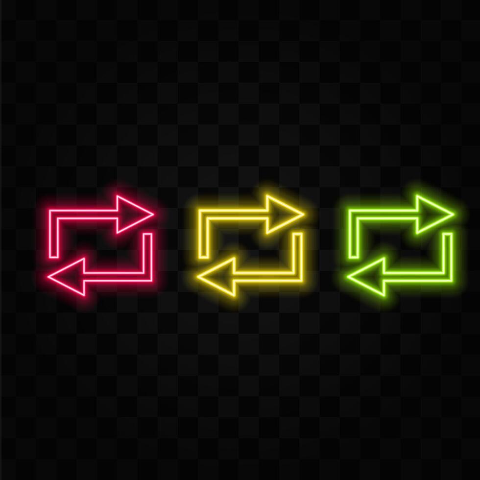 Neon sign. Set of arrows in neon style. Colored pointers. Laser glowing lines on a dark background. vector