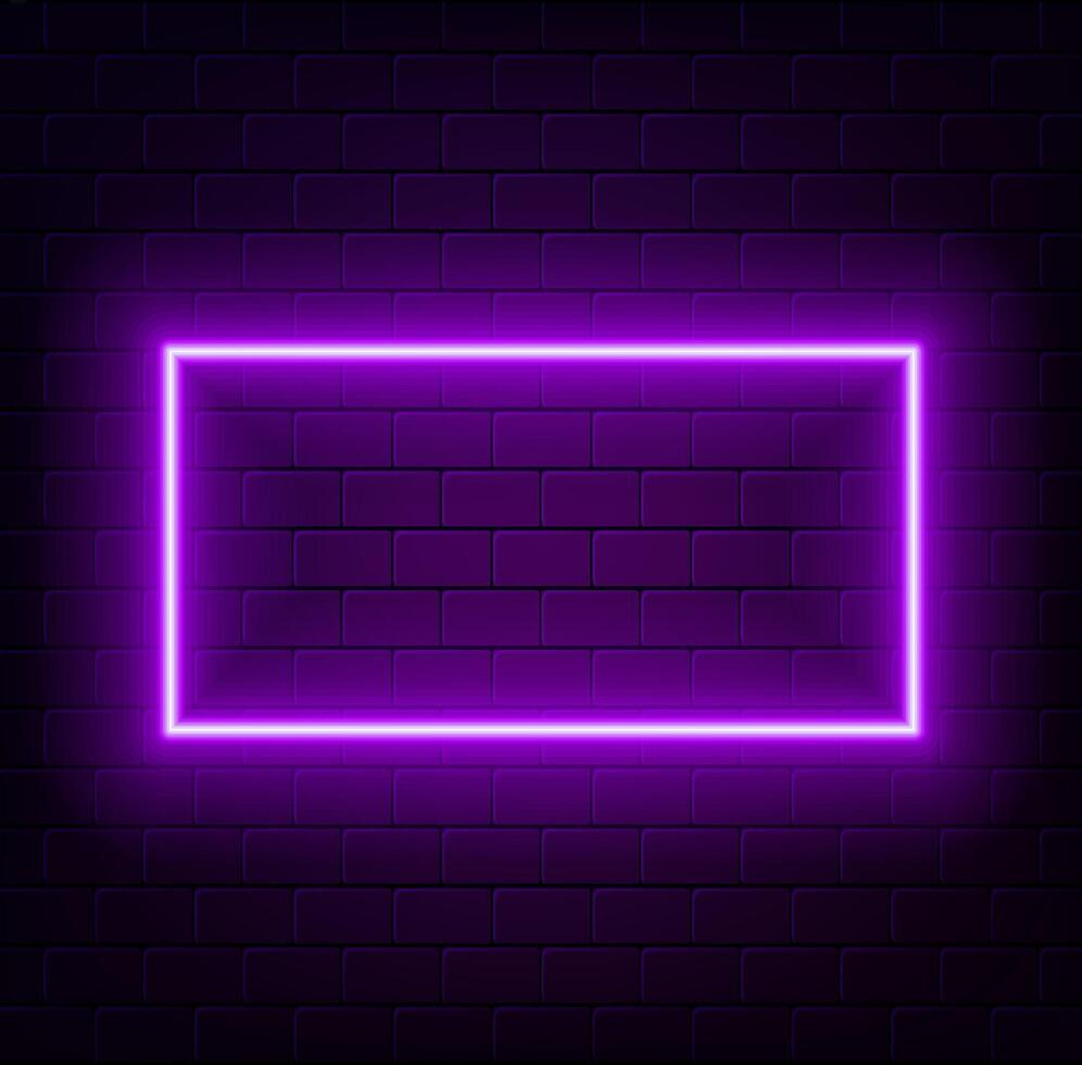 Neon sign on a brick wall. Glowing purple rectangle. Abstract background, spectrum vibrant colors. 3d render illustration vector