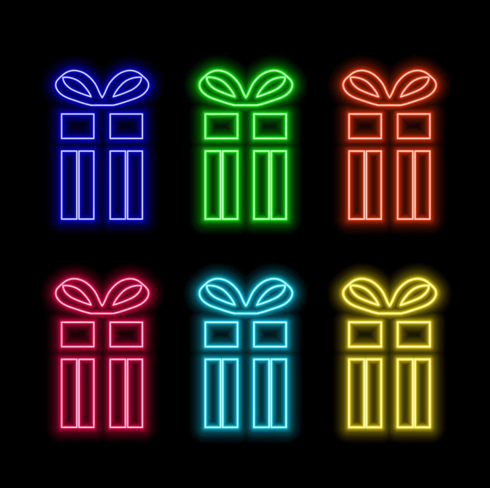 Glowing neon Gift box icon isolated on brick wall background. Happy Birthday. vector