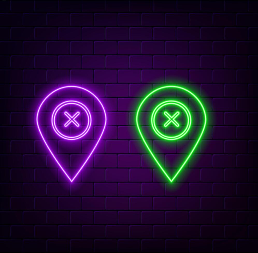 Blue glowing neon line Map pin icon on black background. Navigation, pointer, location, map, gps, direction, place, compass, contact, search concept. Colorful outline concept. vector