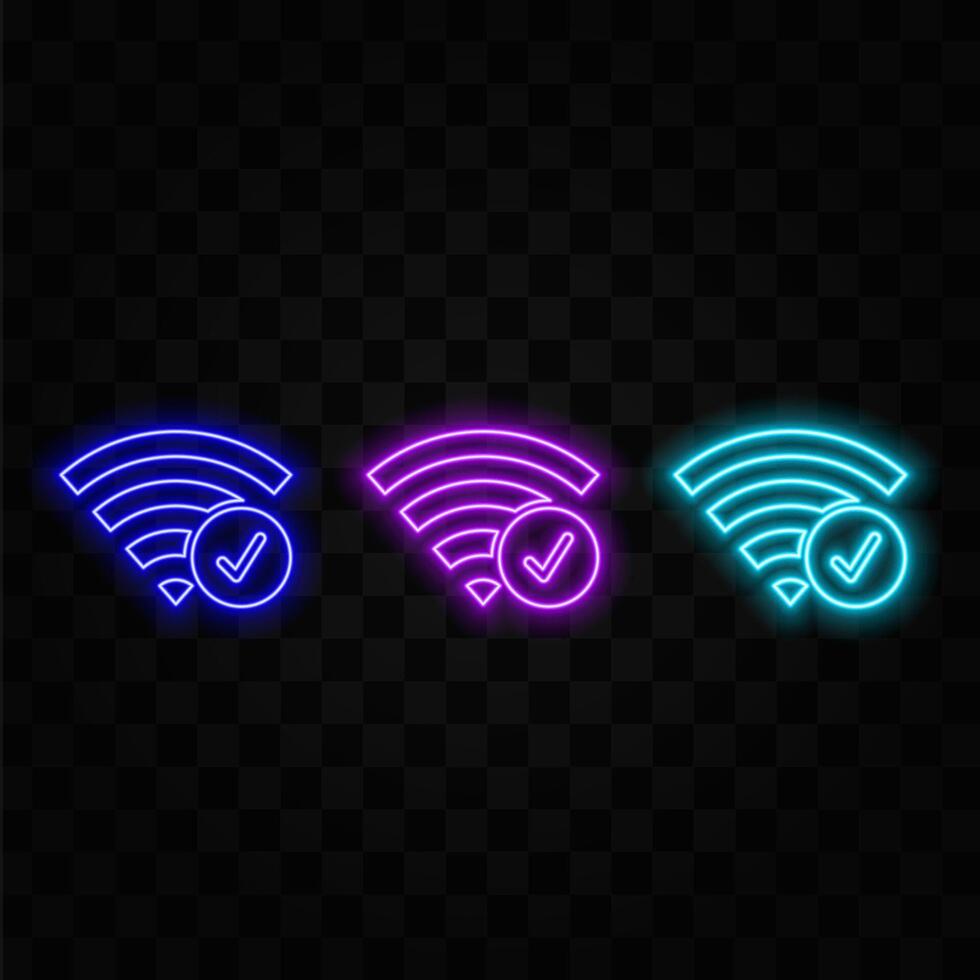 Free wi-fi zone neon sign. Wireless wav symbol in blue frame on dark brick wall. vector
