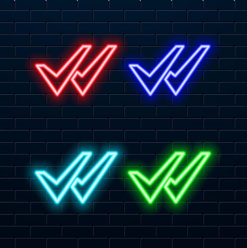 Blue neon checkmark. neon check mark isolated on brick wall background. vector