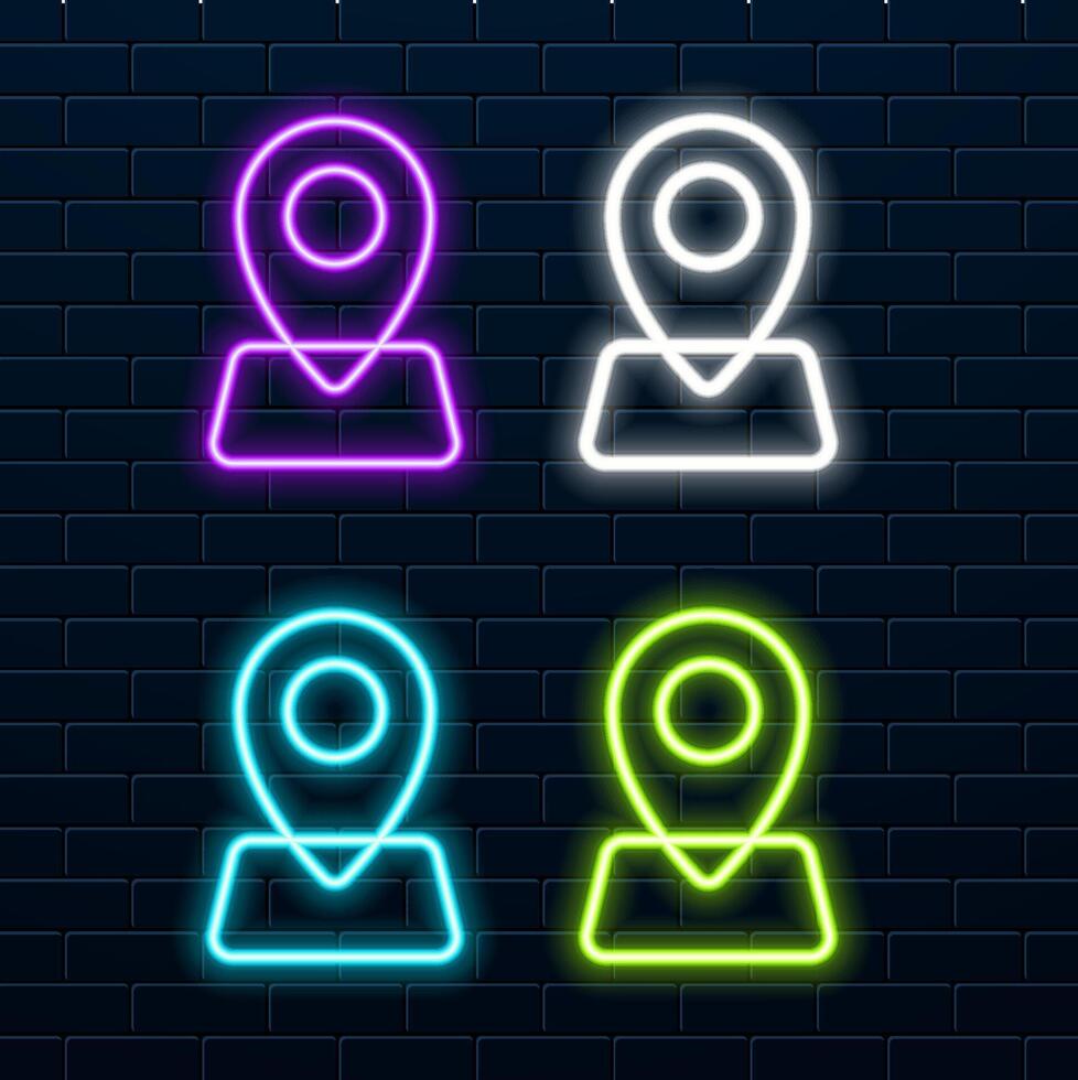 neon pin sign, location icon, blue color, illustration isolated on black background. green color. vector