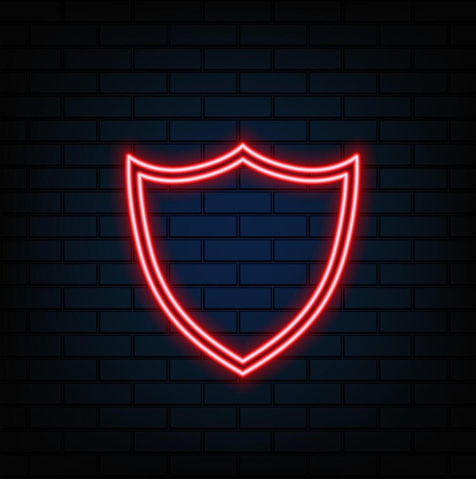 Shield line icon neon laser beams the symbol of the knights shield glowing laser speech bubble bubb. red color. vector