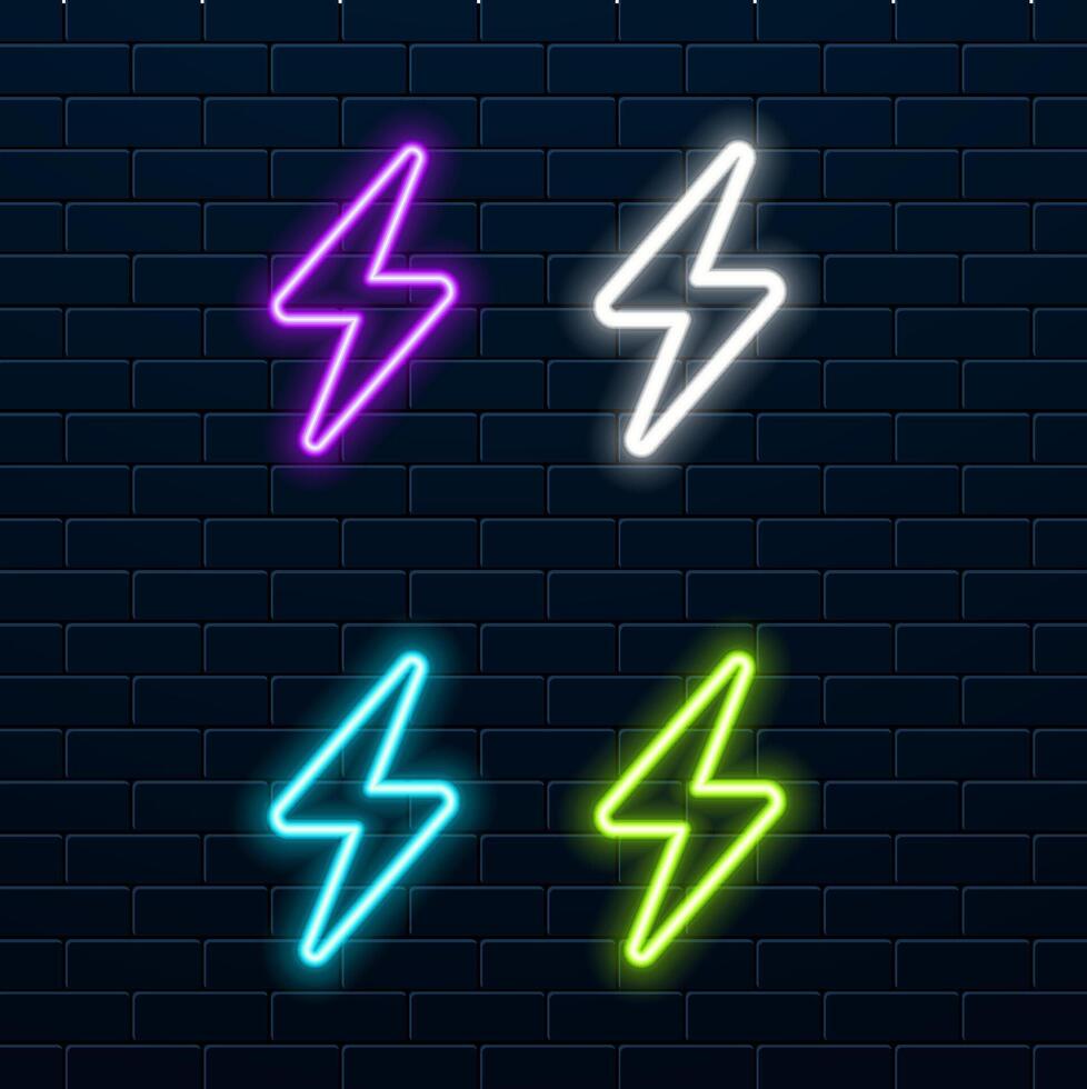 Neon icon of Purple and Violet Electric Energy illustration of Purple and Violet Neon Electrical Sign consisting of neon outlines with backlight on the dark brick wall background. neon style. vector