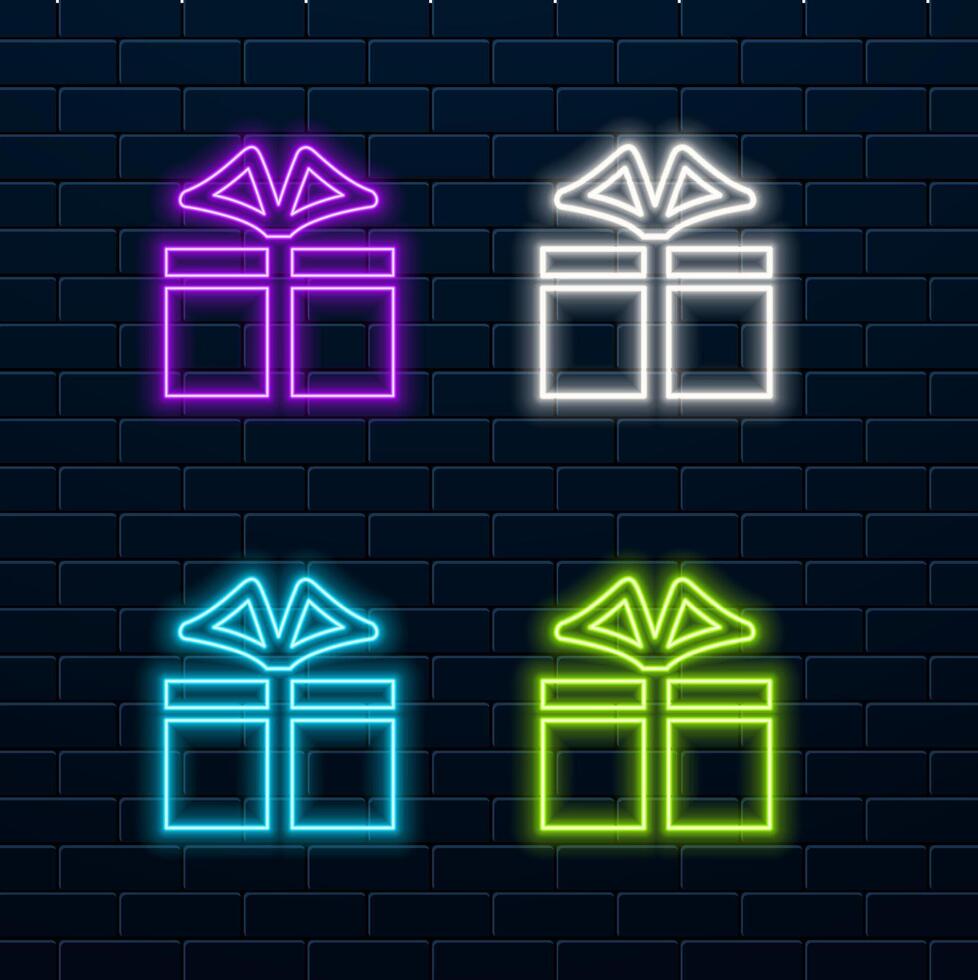 Neon lights label with giftbox and balloons helium vector