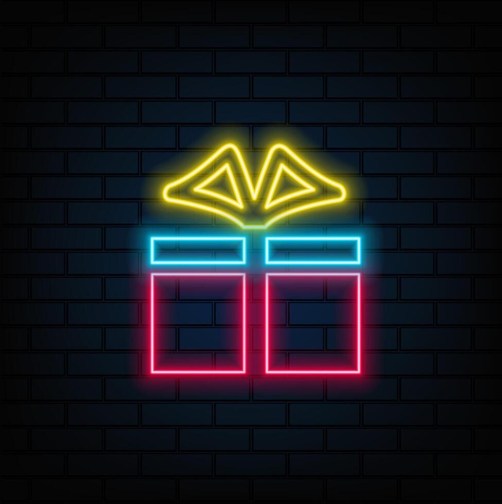 Neon sign of a gift box with a bow on top vector