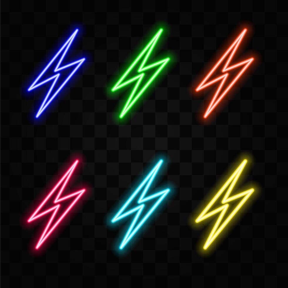 Neon flash. Lightning neon sign on dark transparent background. illustration vector