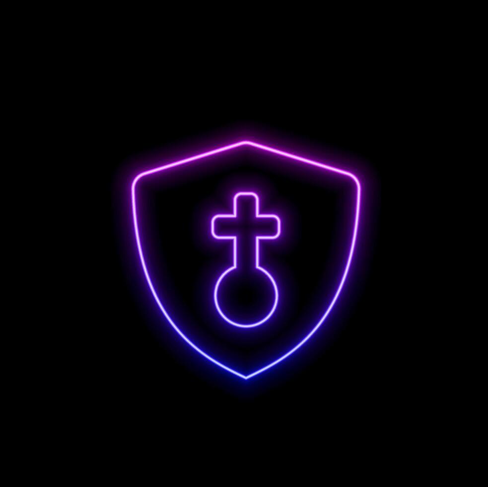 Glowing neon line Life insurance with shield icon isolated on black background. Safety, security, safety, protect concept. vector