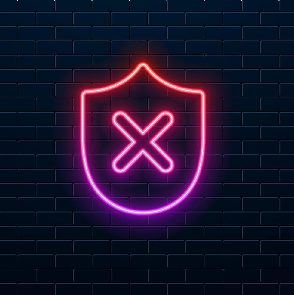 Glowing neon line shield with cross-mark icon isolated on black background. Shield and rejected. Notice of refusal. vector