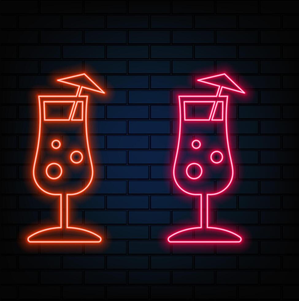 Neon glass of gin and tonic with lemon and ice. isolated illustration. Icon for the night bar background. Led Annunciator for Cocktail Restaurant Signboard. vector