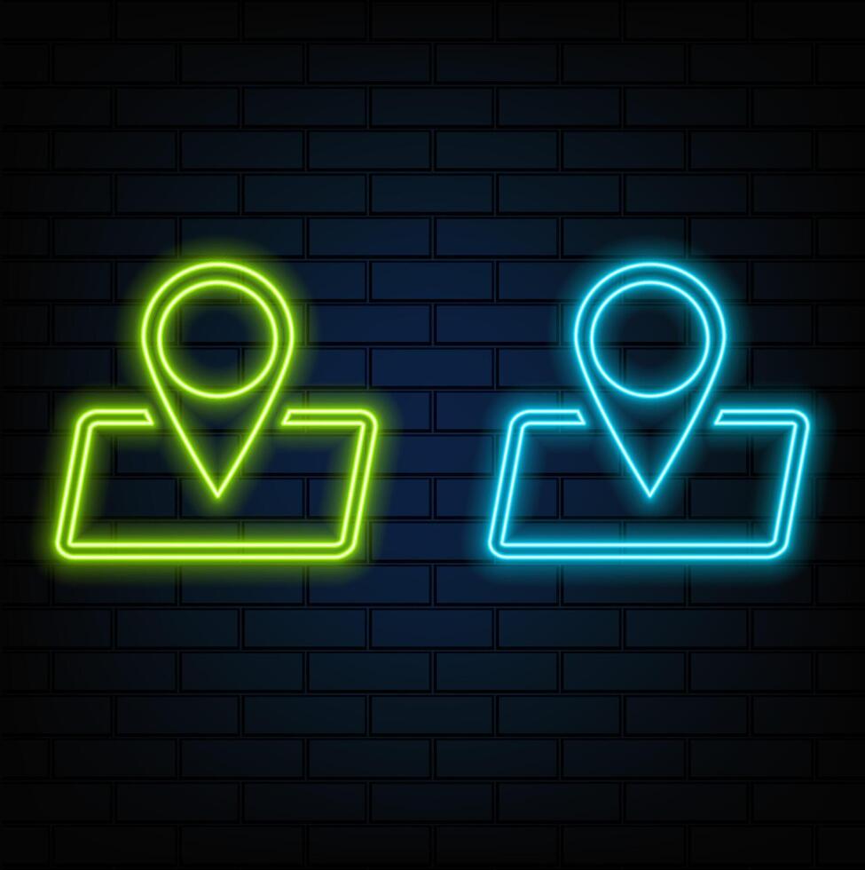 Pin neon style icon. Simple thin line, web icons outline for UI and ux, website or mobile app isolated on brick wall. vector