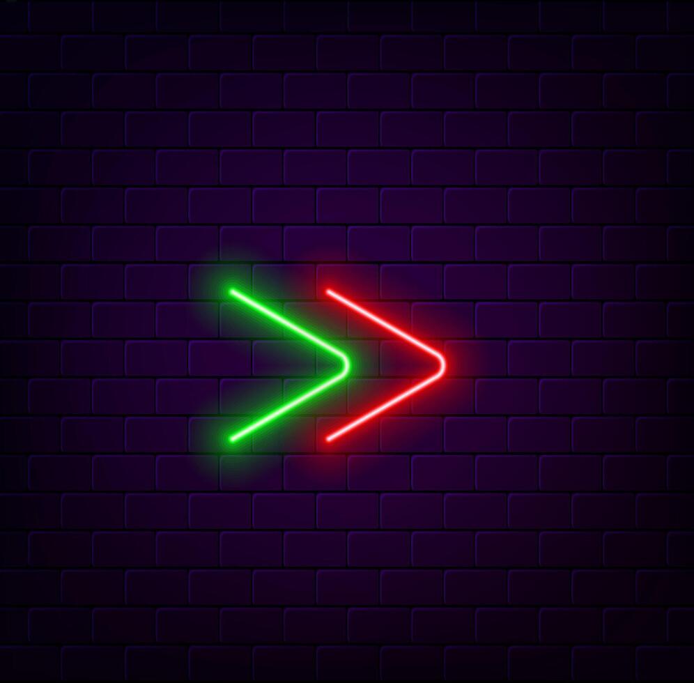 Neon arrow sign. Glowing neon arrow pointer on brick wall background. Retro signage board with glowing neon tubes. green. vector