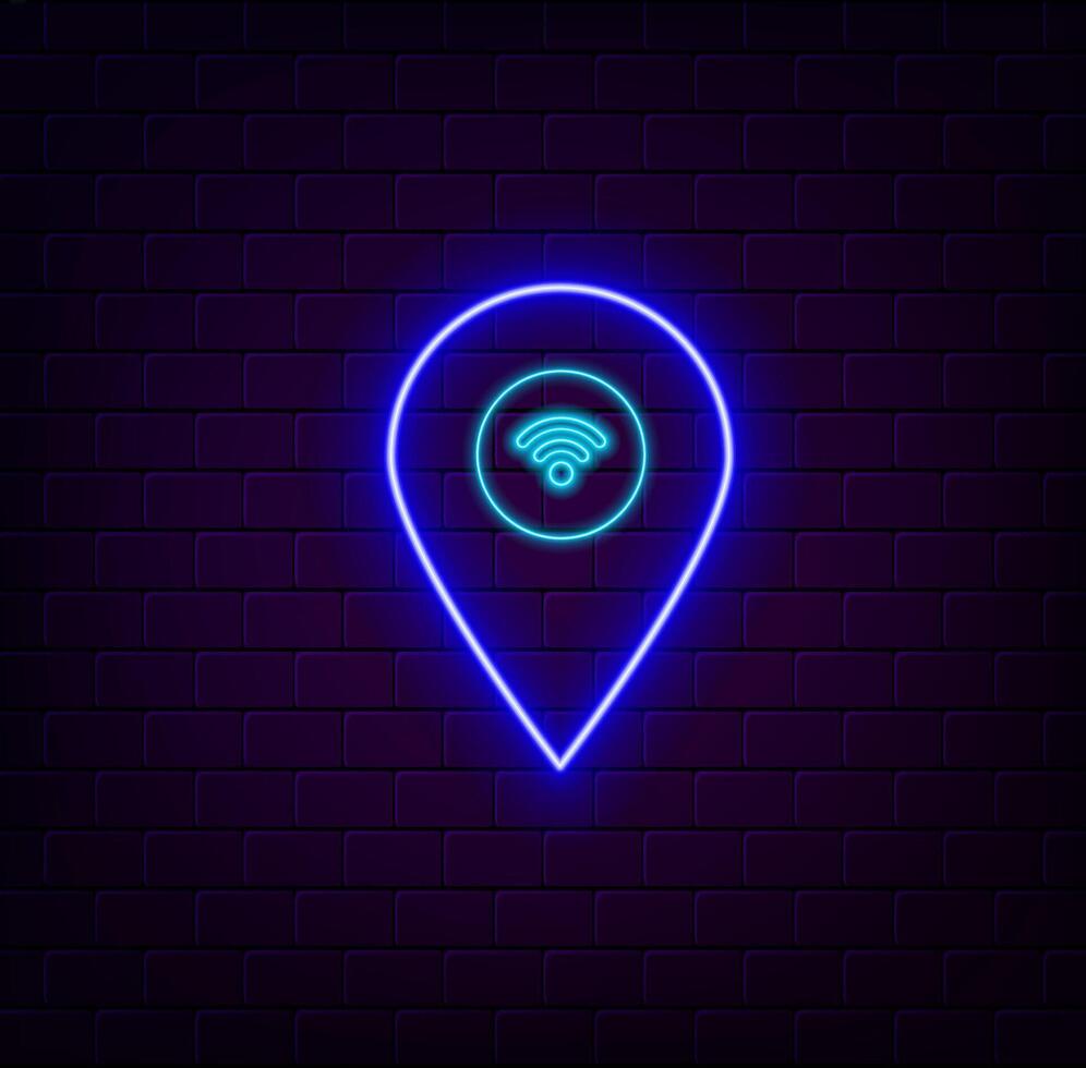 Free wifi sign poster, connection, glow neon blue text, on brick wall background, for nightclub, bar vector