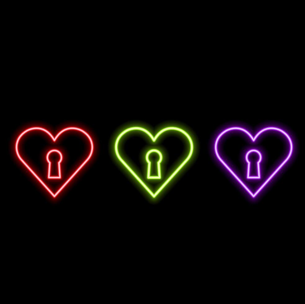 Glowing neon line Heart with keyhole icon isolated on brick wall background. Heart Attached. Love symbol and keyhole sign. Colorful outline concept. vector