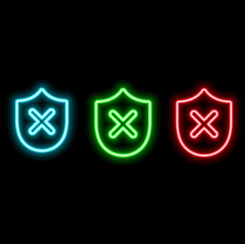 Glowing Neon Line Shield with Cross Tag Icon Isolated on Black Background. Shielding is rejected. Notice of refusal. Colorful outline concept. vector