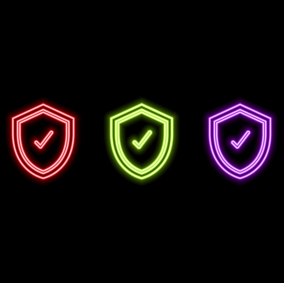 Glowing neon shield with check mark icon isolated on brick wall background. Illustration of the veto vector