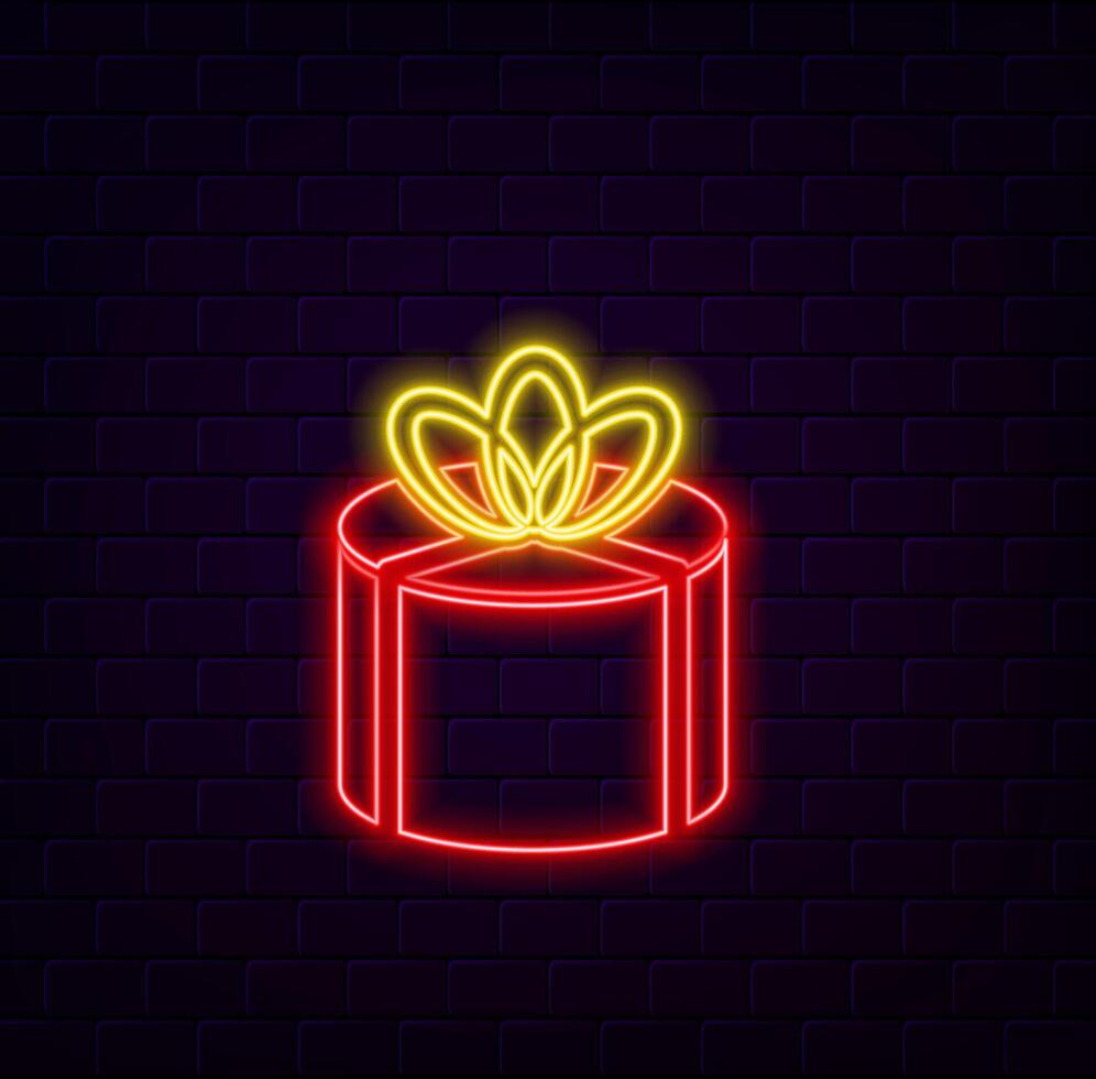 Neon gift with glowing ribbon sign in circle shapes on a dark brick wall background. vector