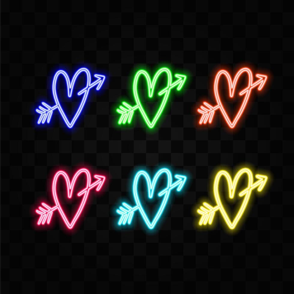 Heart and arrow shaped red neon light on black wall - Valentine's Day and Cupid concept vector