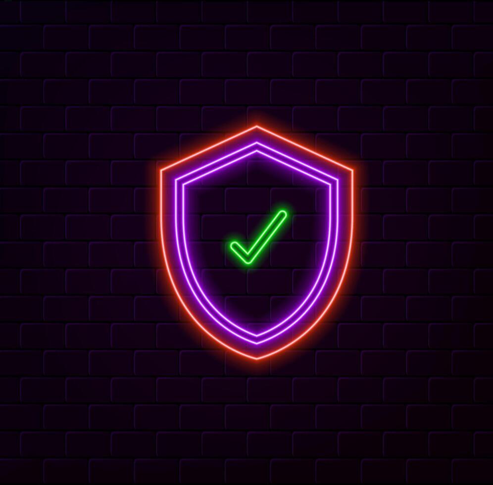 Shield with checkmark icon. Protection approval sign. Icon protected by security shield. neon style. vector