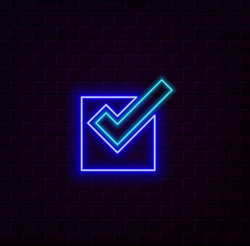 The blue neon check mark sign icon on the background of the brick wall. vector